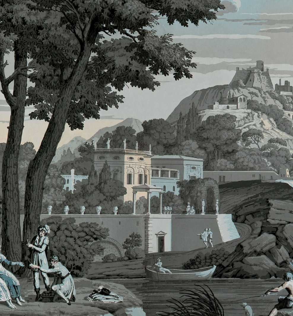 Panoramic wallpaper Views from Italy celestial blue . 1823