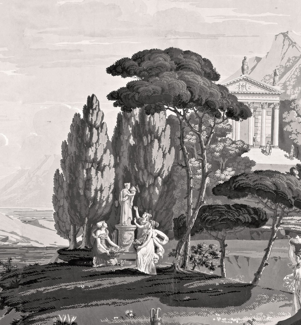 Panoramic wallpaper Landscape of Telemachus on the isle of Calypso monochrome