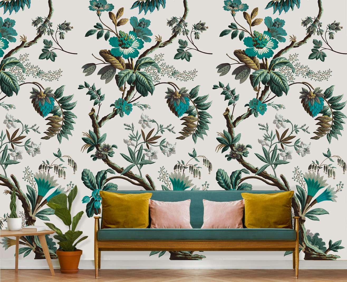 Papier décor Fleurs de fantaisie cyan . 1799