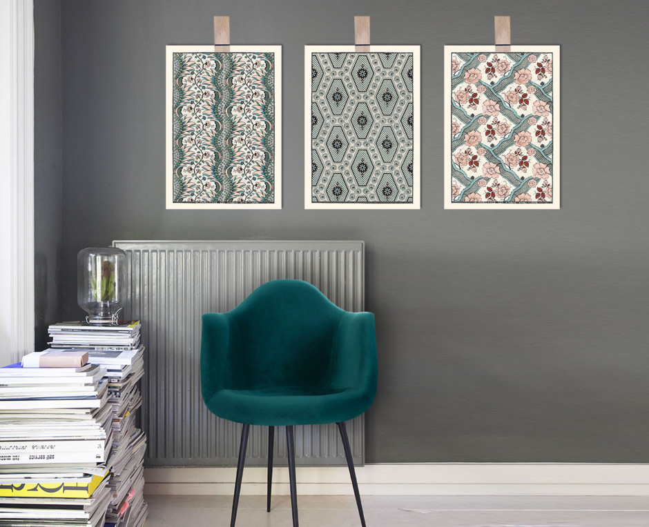 Trio of terracotta and grey green domino boards A3 . 1750