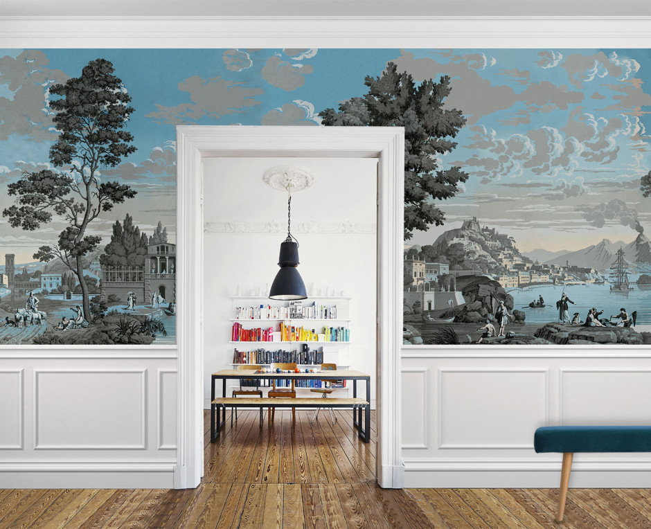 Panoramic wallpaper Views from Italy celestial blue . 1823