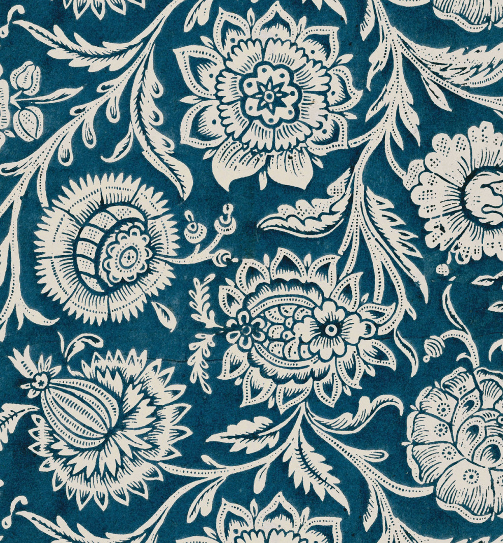 Papier peint dominoté pivoines bleu paon . 1810