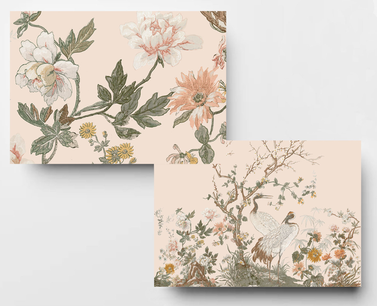 Papier peint panoramique Grues japonaises beige rosé . 1889