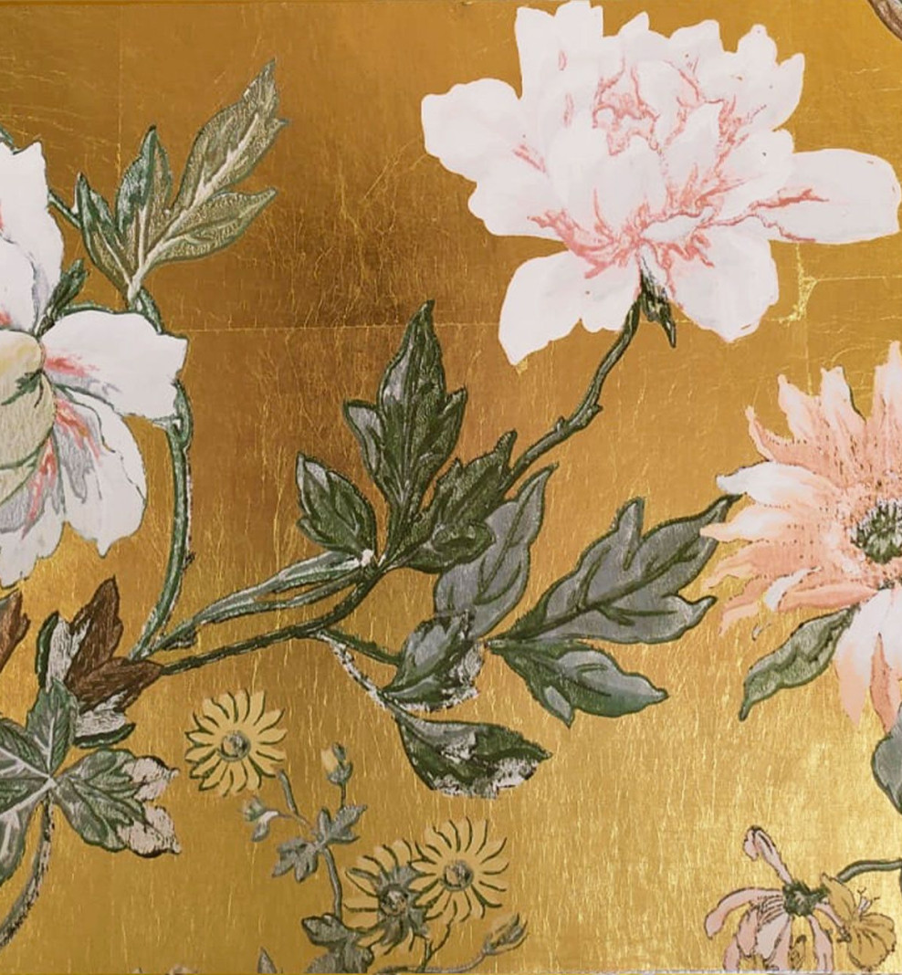 Papier peint panoramique à la feuille d'or jaune Grues japonaises . 1889