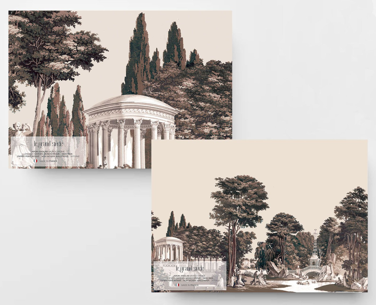 Papier peint panoramique Jardin Anglais monochrome . 1800-1804