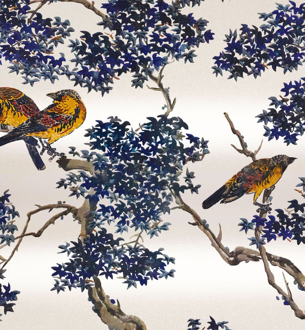 Papier peint nacré érable du Japon bleu indigo . 1780-1790