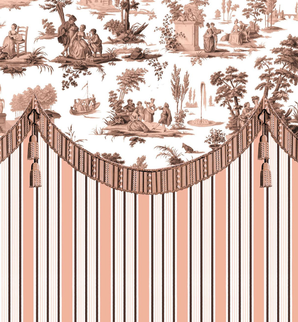 Papier peint toile de Jouy impériale beige rosé . 1790-1800